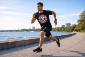 رجل مولد بالذكاء الاصطناعي يركض (يجري) على الشاطئ، ويرتدي قميص أو تي شيرت عليه شعار أكاديمية علم للكيوكشن كاراتيه التي يديرها الكبتن عمر الحبيشي