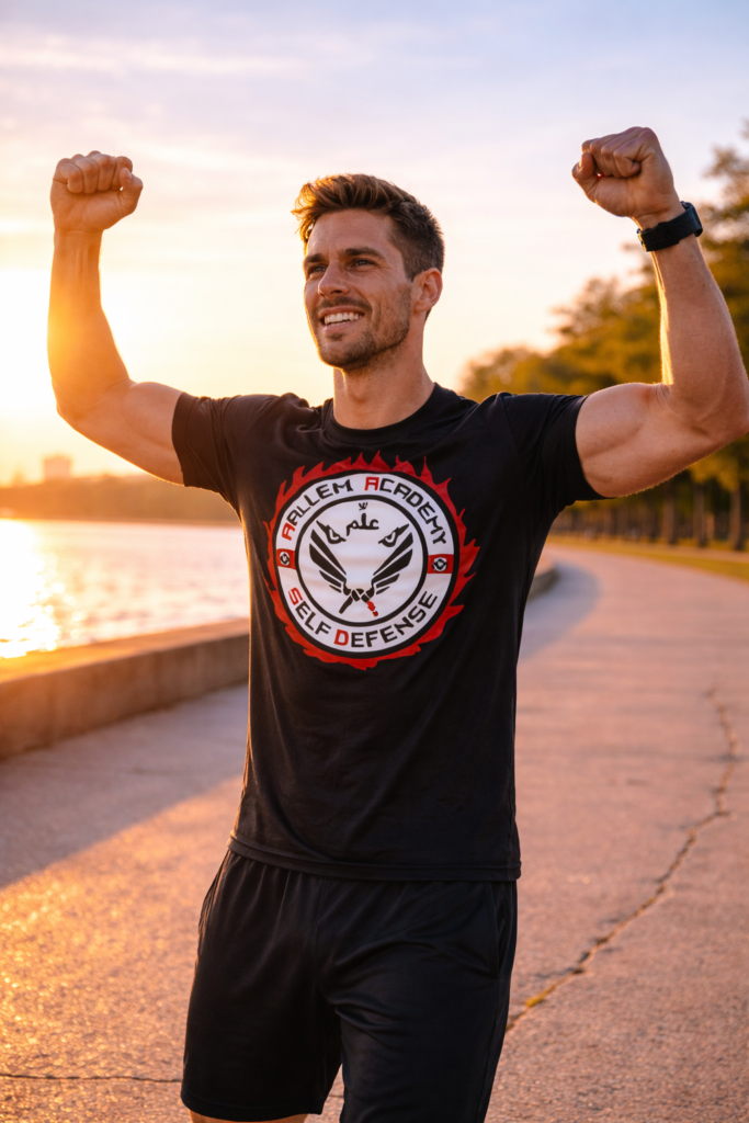 رجل مولد بالذكاء الاصطناعي يمشي على الشاطئ وهو سعيد ومستقر نفسيا، ويرتدي قميص أو تي شيرت عليه شعار أكاديمية علم للكيوكشن كاراتيه التي يديرها الكبتن عمر الحبيشي