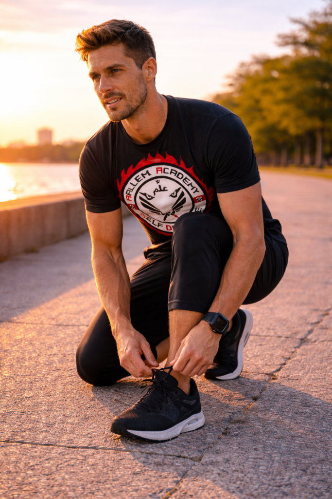 رجل مولد بالذكاء الاصطناعي يعدل حذائه الرياضي على الشاطئ، ويرتدي قميص أو تي شيرت عليه شعار أكاديمية علم للكيوكشن كاراتيه التي يديرها الكبتن عمر الحبيشي